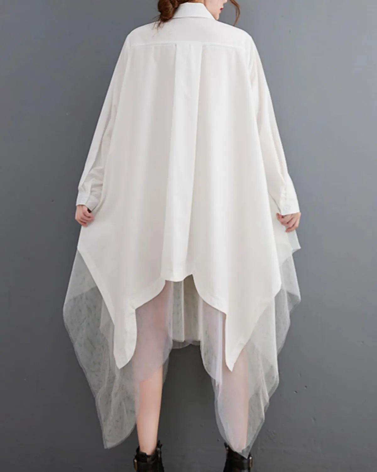 ellazhu Women's Casual Solid Long Sleeve Irregular Tulle Shirt Dress GZ45