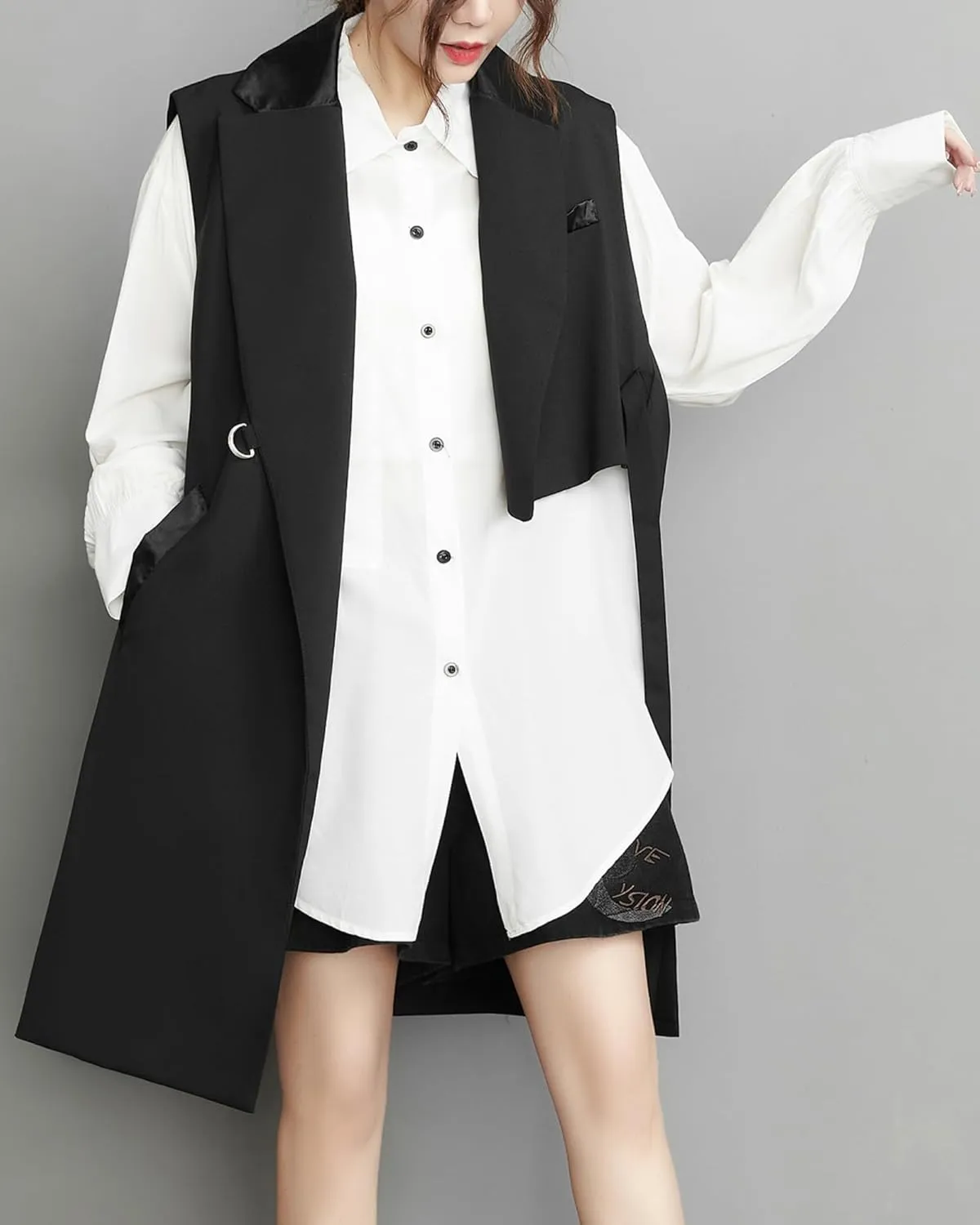 ellazhu Women's Funky Lapel Collar Cardigan Vest Solid Color Sleeveless Outerwear GZ121 A