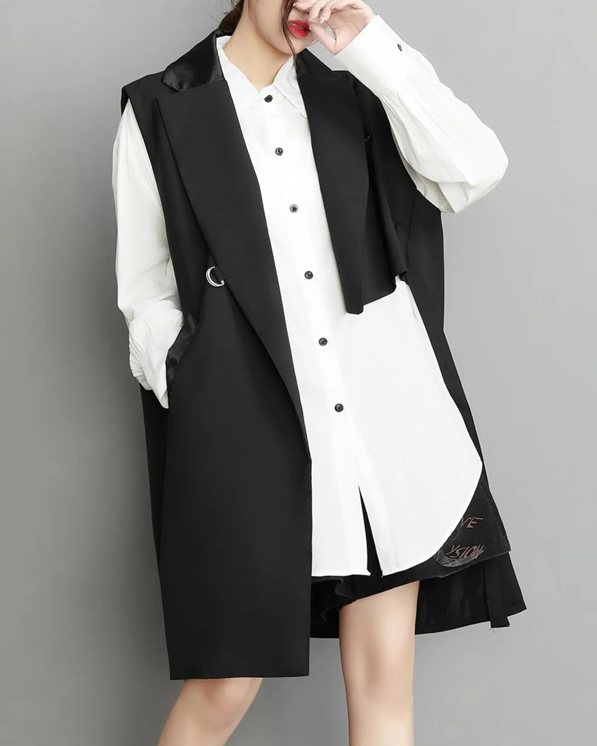 ellazhu Women's Funky Lapel Collar Cardigan Vest Solid Color Sleeveless Outerwear GZ121 A