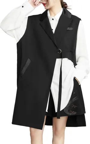 ellazhu Women's Funky Lapel Collar Cardigan Vest Solid Color Sleeveless Outerwear GZ121 A