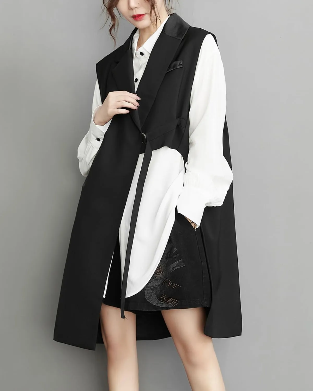 ellazhu Women's Funky Lapel Collar Cardigan Vest Solid Color Sleeveless Outerwear GZ121 A