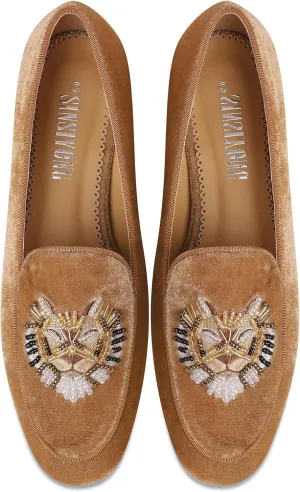 Embroidered Loafers for Women Round Toe Velvet Flats with Tiger Head Pattern