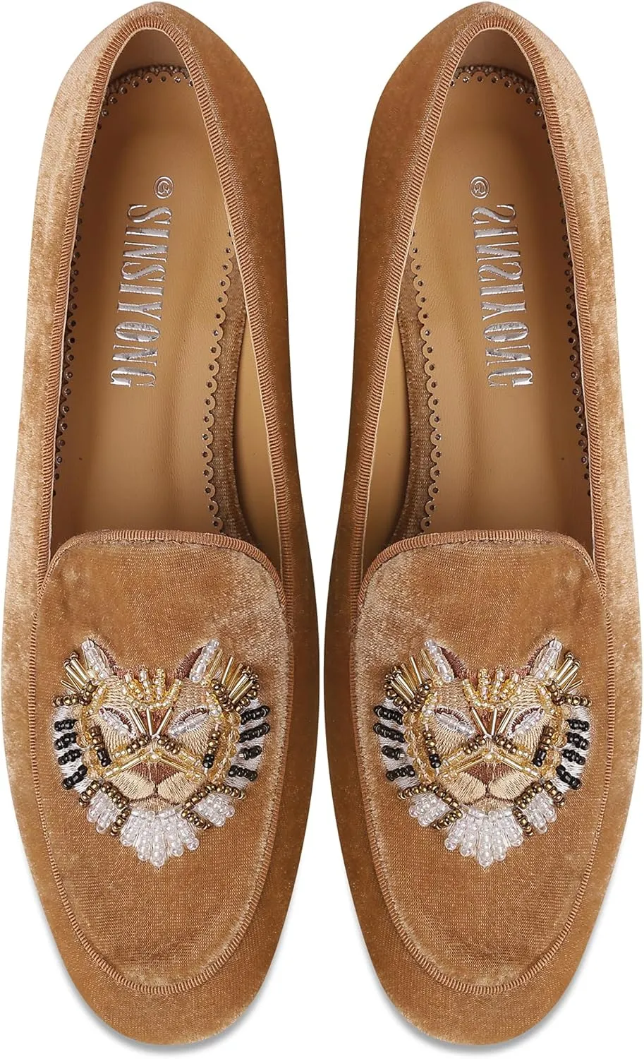Embroidered Loafers for Women Round Toe Velvet Flats with Tiger Head Pattern