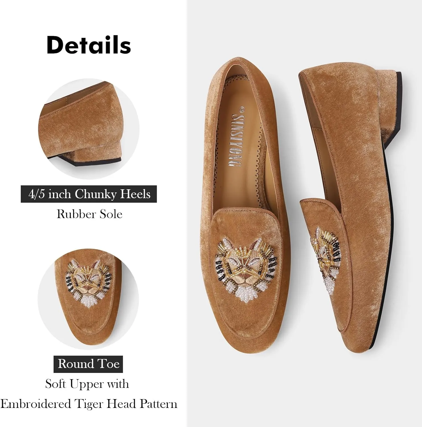 Embroidered Loafers for Women Round Toe Velvet Flats with Tiger Head Pattern
