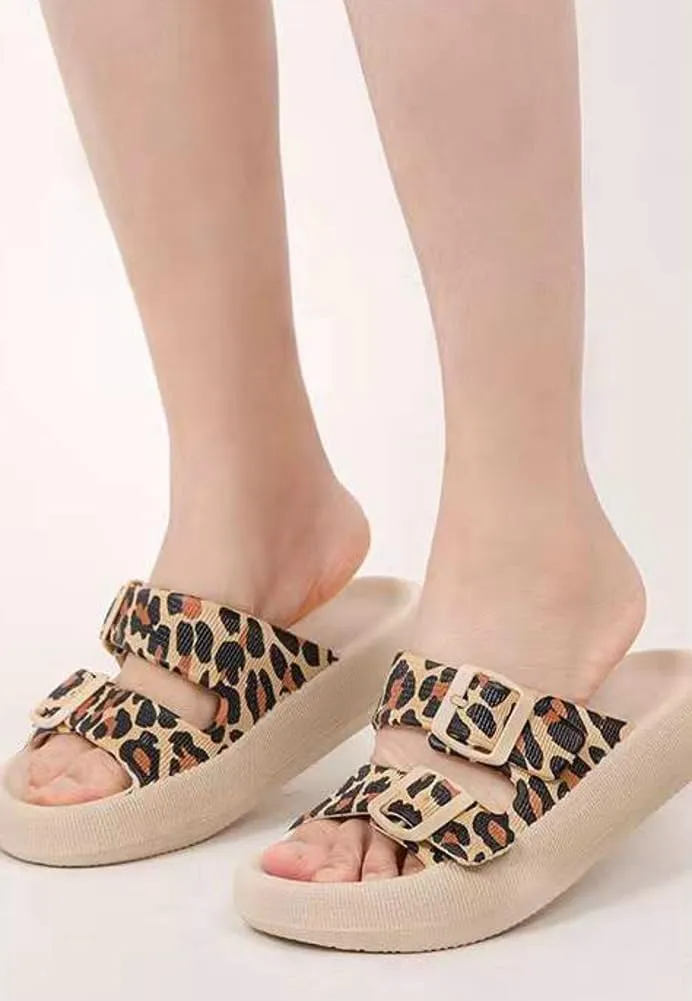 Epsion Women's Cloud Sandals Pillow Leopard Slippers Double Buckle Adjustable Comfort Slides Flat Summer Beach Sandals