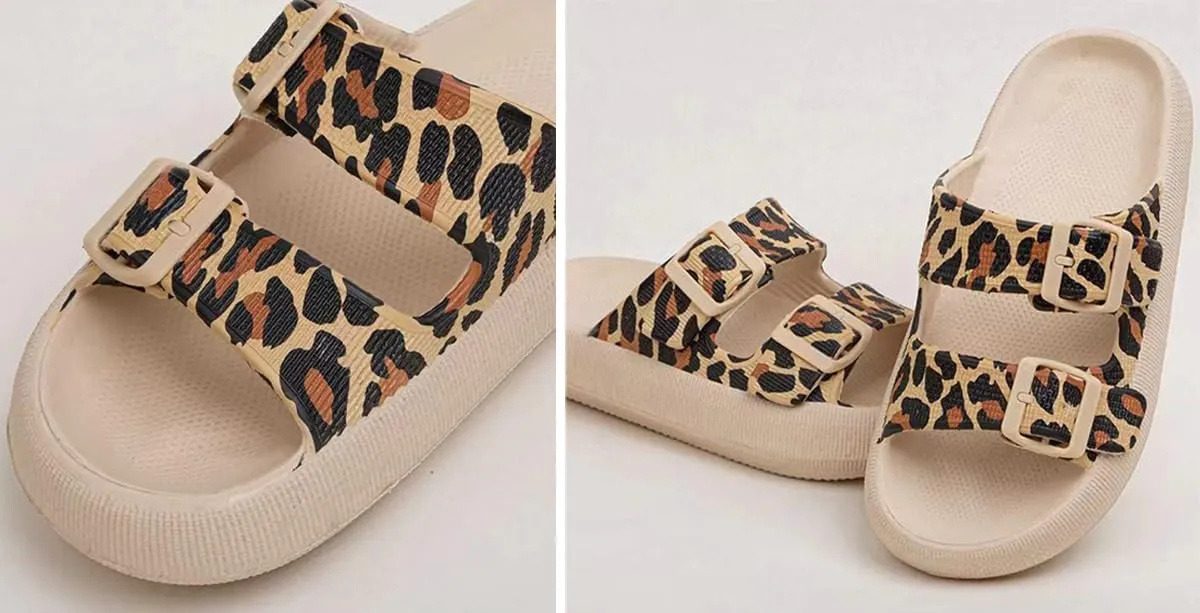 Epsion Women's Cloud Sandals Pillow Leopard Slippers Double Buckle Adjustable Comfort Slides Flat Summer Beach Sandals