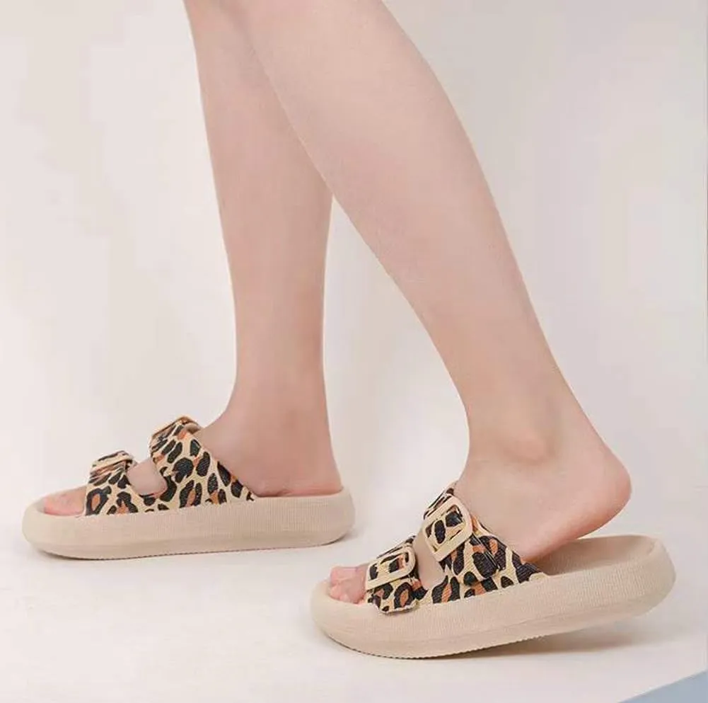 Epsion Women's Cloud Sandals Pillow Leopard Slippers Double Buckle Adjustable Comfort Slides Flat Summer Beach Sandals