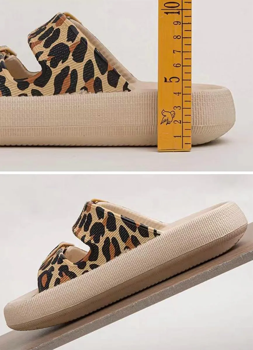 Epsion Women's Cloud Sandals Pillow Leopard Slippers Double Buckle Adjustable Comfort Slides Flat Summer Beach Sandals