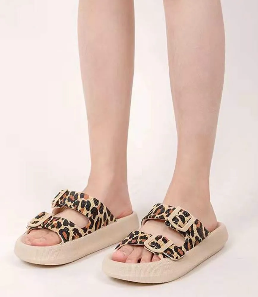 Epsion Women's Cloud Sandals Pillow Leopard Slippers Double Buckle Adjustable Comfort Slides Flat Summer Beach Sandals