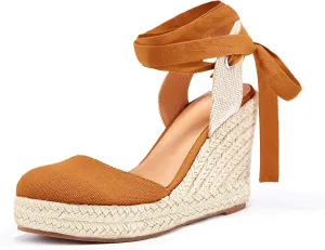 Ermonn Womens Espadrilles Wedge Sandals Platform Closed Toe Ankle Strap Lace Up Summer Shoes