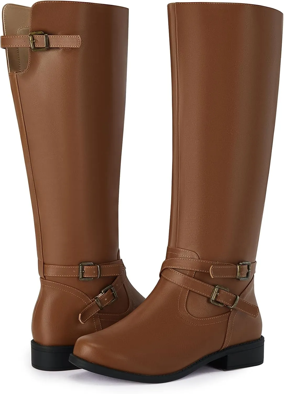Ermonn Womens Knee High Boots Wide Calf Flat Low Heel Side Zipper Faux Leather Fashion Winter Riding Boot