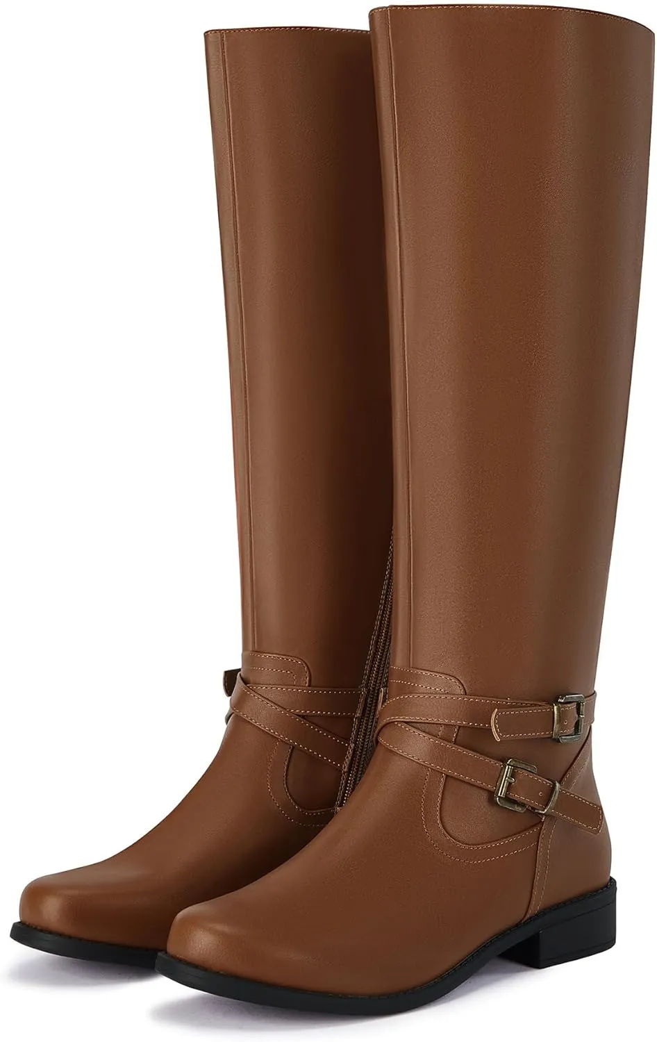 Ermonn Womens Knee High Boots Wide Calf Flat Low Heel Side Zipper Faux Leather Fashion Winter Riding Boot