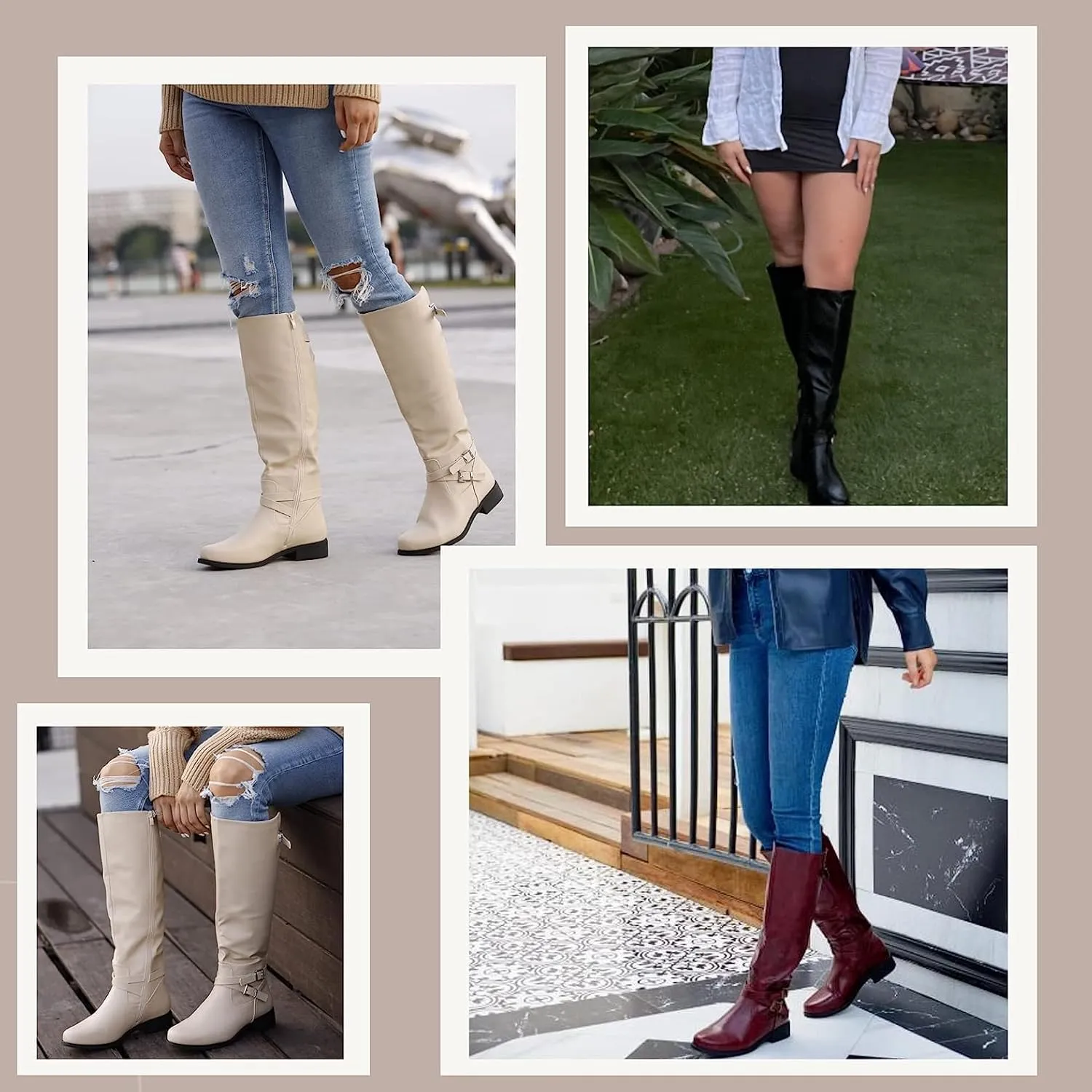 Ermonn Womens Knee High Boots Wide Calf Flat Low Heel Side Zipper Faux Leather Fashion Winter Riding Boot