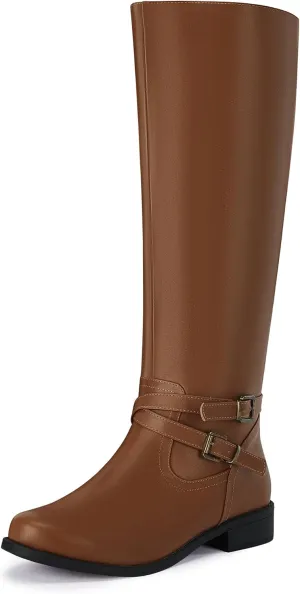 Ermonn Womens Knee High Boots Wide Calf Flat Low Heel Side Zipper Faux Leather Fashion Winter Riding Boot