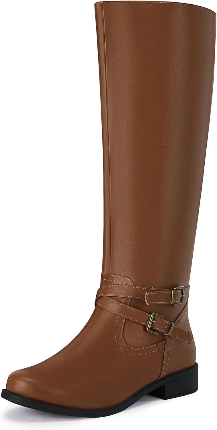 Ermonn Womens Knee High Boots Wide Calf Flat Low Heel Side Zipper Faux Leather Fashion Winter Riding Boot