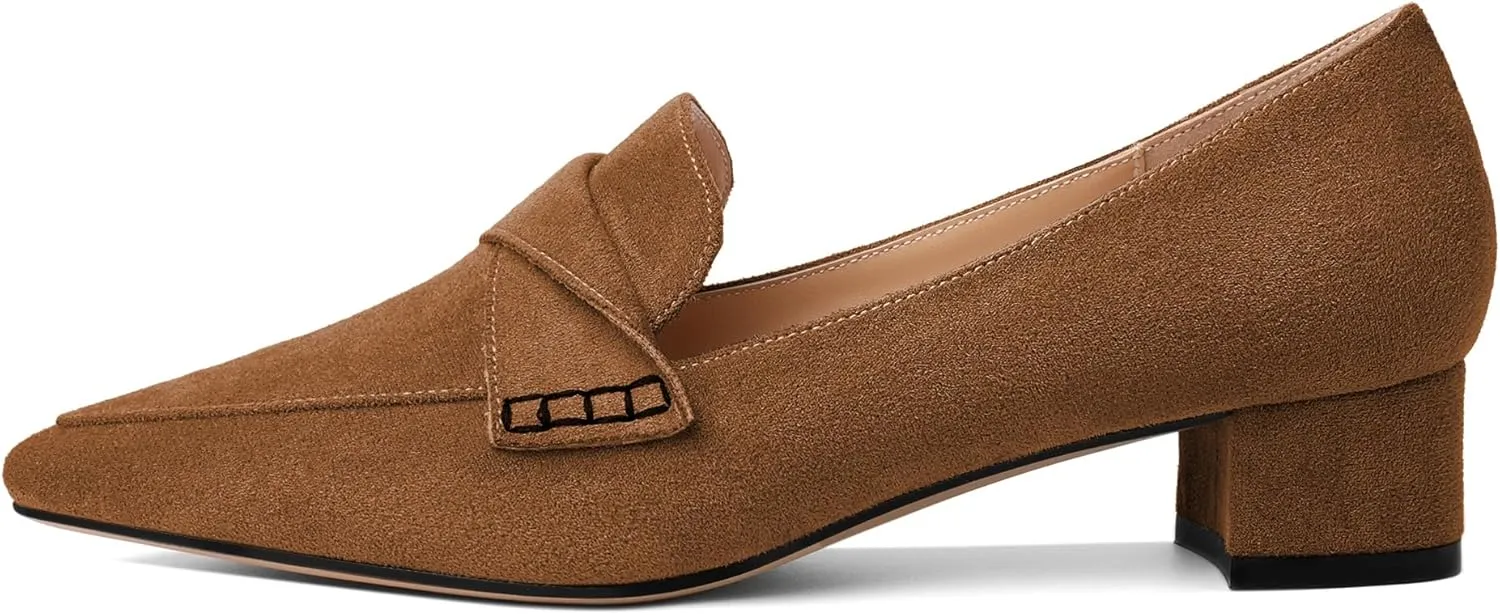 Esvowido Women's Block Heels Loafer Pumps Closed Pointed Toe Slip on Comfortable Chunky Low Heel Dress Shoes for Daily Life Work Office 1.5 Inch