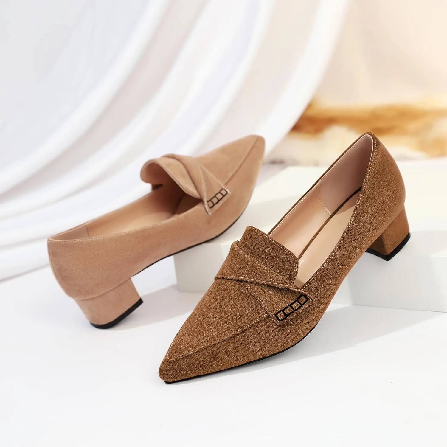 Esvowido Women's Block Heels Loafer Pumps Closed Pointed Toe Slip on Comfortable Chunky Low Heel Dress Shoes for Daily Life Work Office 1.5 Inch