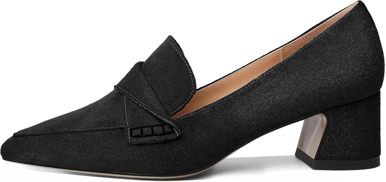 Esvowido Women's Loafer Pumps Mid Block Heels Closed Pointed Toe Slip on Comfortable Chunky Heel Pumps Dress Shoes for Daily Life Work Office 2 Inch