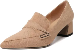 Esvowido Women's Loafer Pumps Mid Block Heels Closed Pointed Toe Slip on Comfortable Chunky Heel Pumps Dress Shoes for Daily Life Work Office 2 Inch