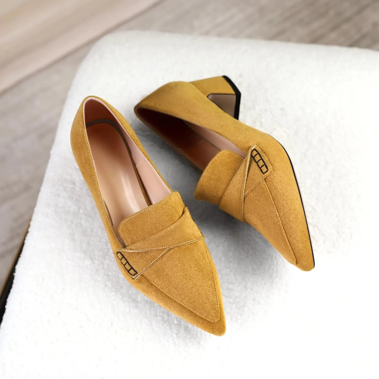 Esvowido Women's Loafer Pumps Mid Block Heels Closed Pointed Toe Slip on Comfortable Chunky Heel Pumps Dress Shoes for Daily Life Work Office 2 Inch