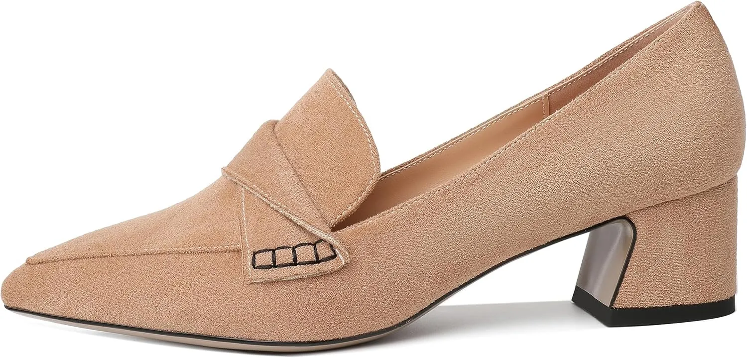 Esvowido Women's Loafer Pumps Mid Block Heels Closed Pointed Toe Slip on Comfortable Chunky Heel Pumps Dress Shoes for Daily Life Work Office 2 Inch