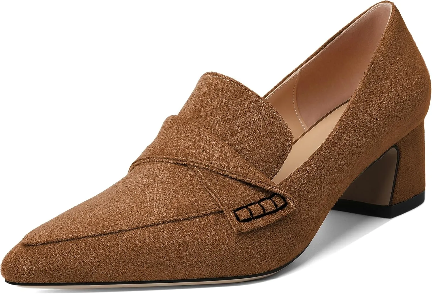 Esvowido Women's Loafer Pumps Mid Block Heels Closed Pointed Toe Slip on Comfortable Chunky Heel Pumps Dress Shoes for Daily Life Work Office 2 Inch