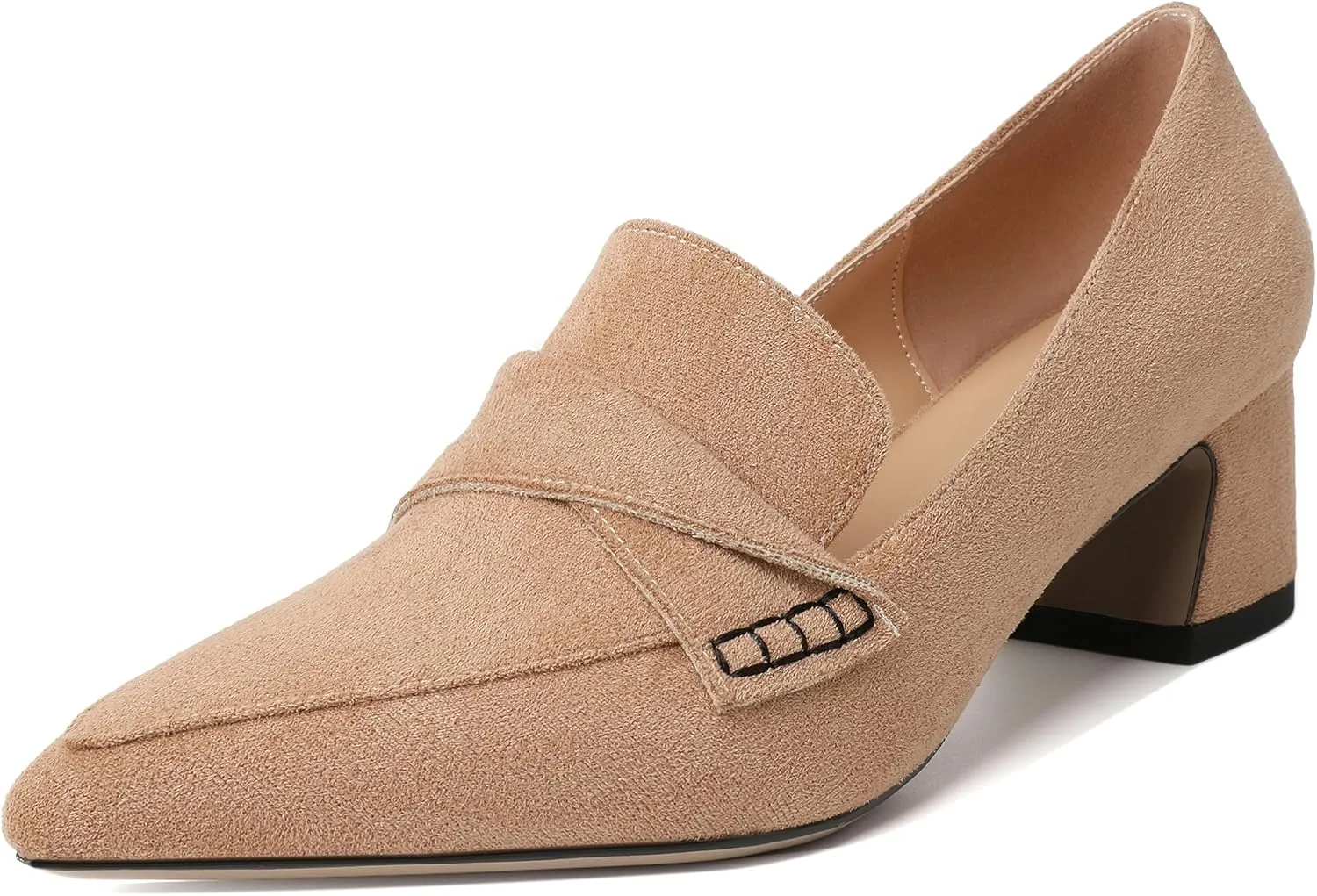 Esvowido Women's Loafer Pumps Mid Block Heels Closed Pointed Toe Slip on Comfortable Chunky Heel Pumps Dress Shoes for Daily Life Work Office 2 Inch