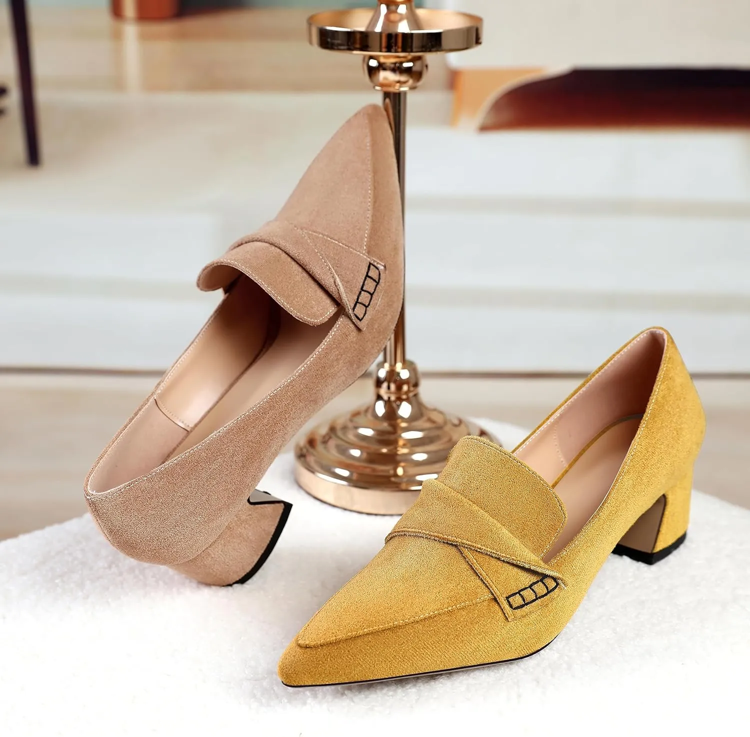 Esvowido Women's Loafer Pumps Mid Block Heels Closed Pointed Toe Slip on Comfortable Chunky Heel Pumps Dress Shoes for Daily Life Work Office 2 Inch