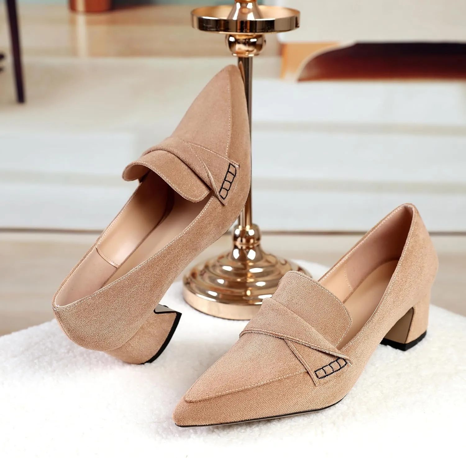 Esvowido Women's Loafer Pumps Mid Block Heels Closed Pointed Toe Slip on Comfortable Chunky Heel Pumps Dress Shoes for Daily Life Work Office 2 Inch