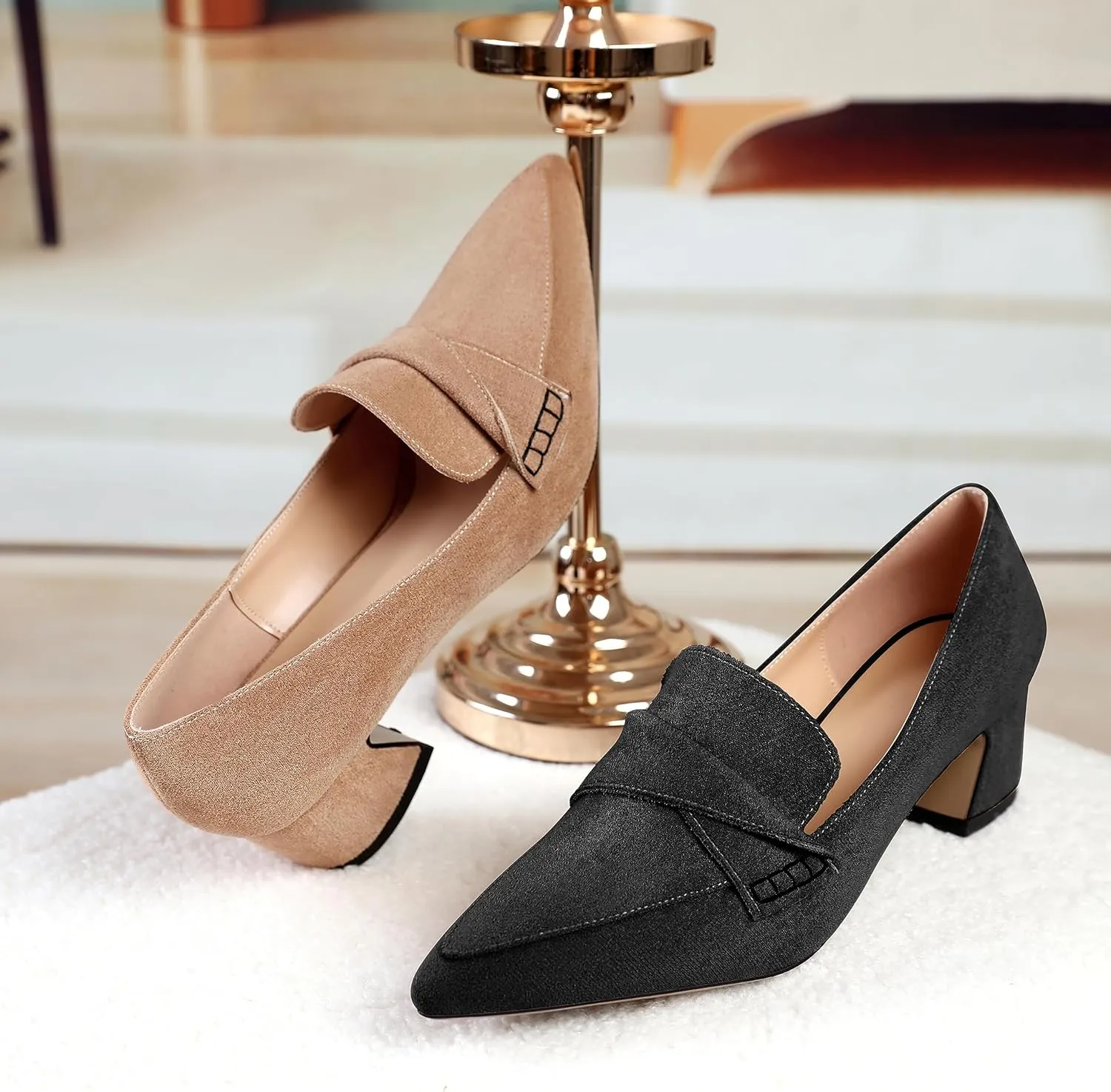 Esvowido Women's Loafer Pumps Mid Block Heels Closed Pointed Toe Slip on Comfortable Chunky Heel Pumps Dress Shoes for Daily Life Work Office 2 Inch