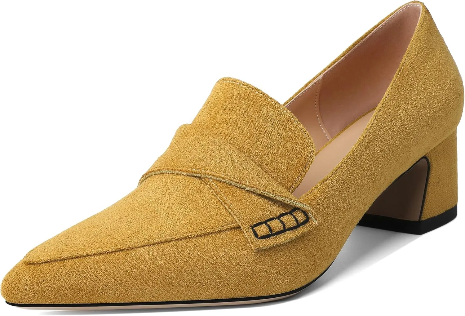 Esvowido Women's Loafer Pumps Mid Block Heels Closed Pointed Toe Slip on Comfortable Chunky Heel Pumps Dress Shoes for Daily Life Work Office 2 Inch