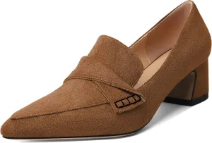 Esvowido Women's Loafer Pumps Mid Block Heels Closed Pointed Toe Slip on Comfortable Chunky Heel Pumps Dress Shoes for Daily Life Work Office 2 Inch