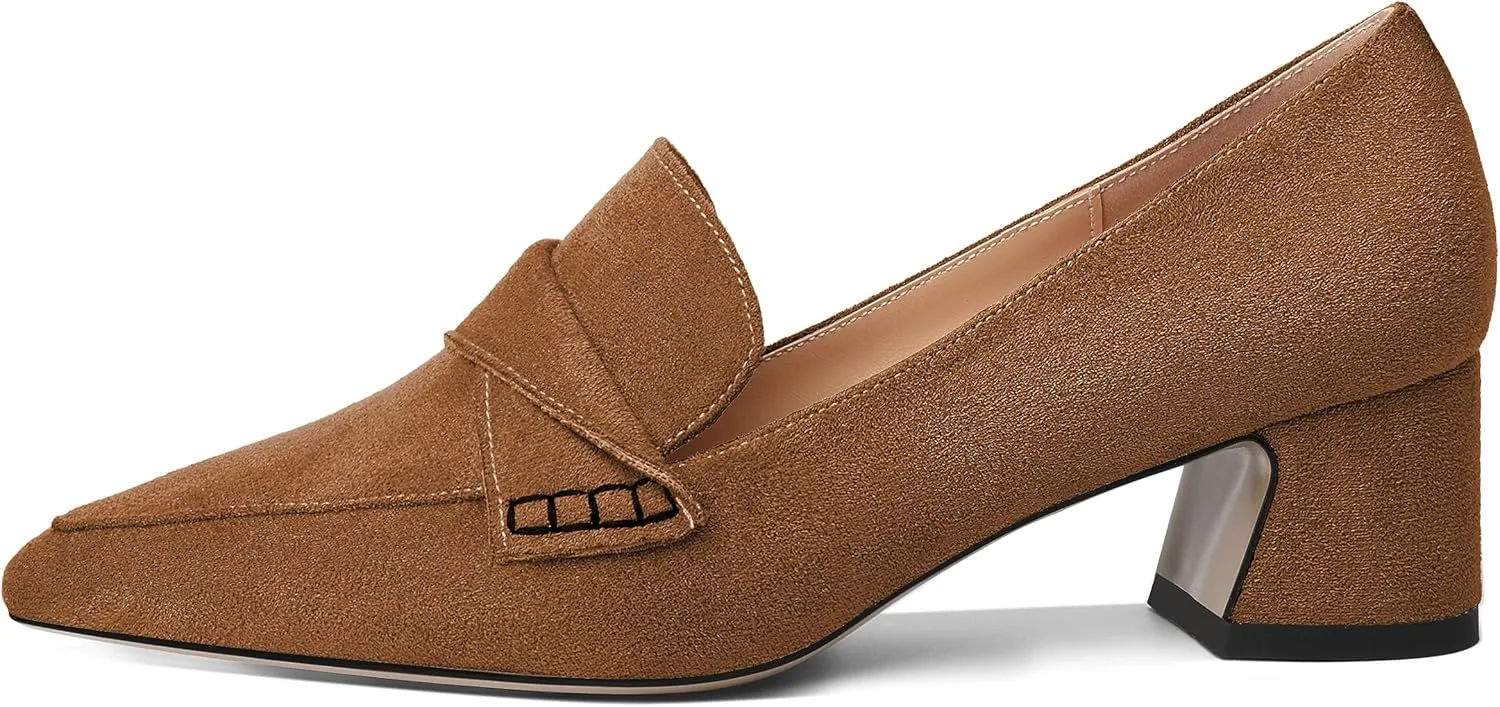 Esvowido Women's Loafer Pumps Mid Block Heels Closed Pointed Toe Slip on Comfortable Chunky Heel Pumps Dress Shoes for Daily Life Work Office 2 Inch