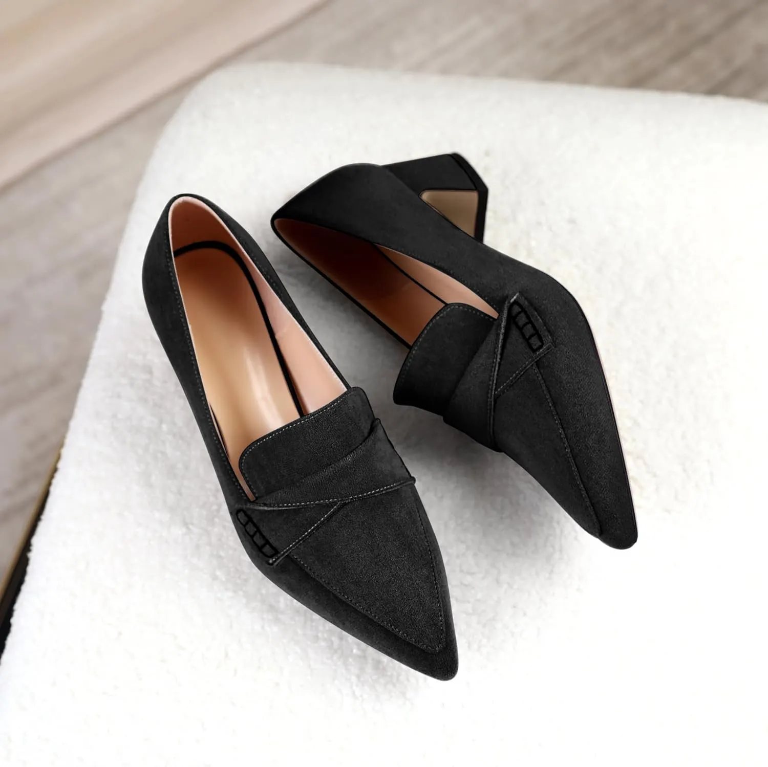Esvowido Women's Loafer Pumps Mid Block Heels Closed Pointed Toe Slip on Comfortable Chunky Heel Pumps Dress Shoes for Daily Life Work Office 2 Inch