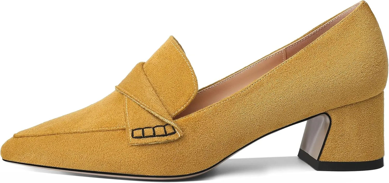 Esvowido Women's Loafer Pumps Mid Block Heels Closed Pointed Toe Slip on Comfortable Chunky Heel Pumps Dress Shoes for Daily Life Work Office 2 Inch
