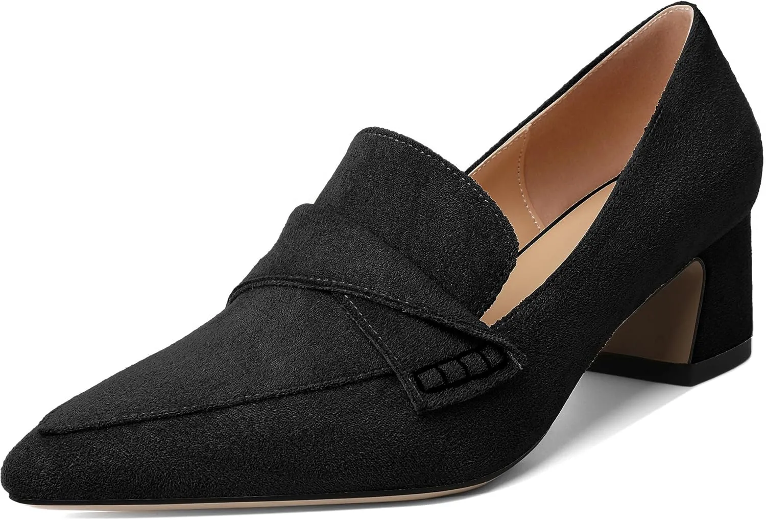 Esvowido Women's Loafer Pumps Mid Block Heels Closed Pointed Toe Slip on Comfortable Chunky Heel Pumps Dress Shoes for Daily Life Work Office 2 Inch