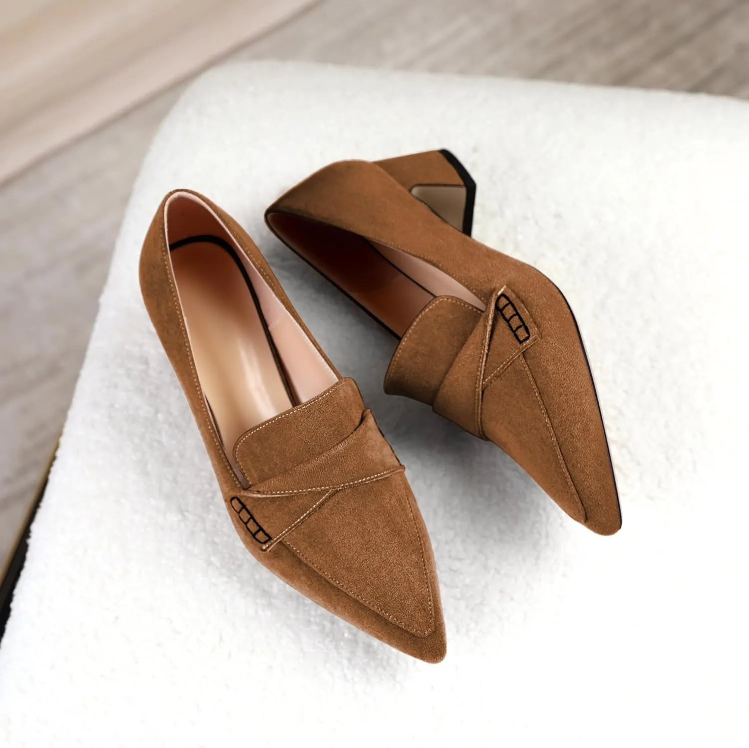 Esvowido Women's Loafer Pumps Mid Block Heels Closed Pointed Toe Slip on Comfortable Chunky Heel Pumps Dress Shoes for Daily Life Work Office 2 Inch