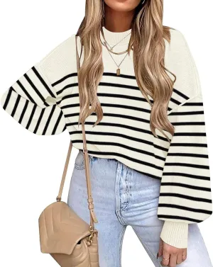 ETCYY Womens Sweaters Fall 2025 Batwing Long Sleeve Side Slit Knit Tops Crew Neck Striped Oversized Sweater Pullover