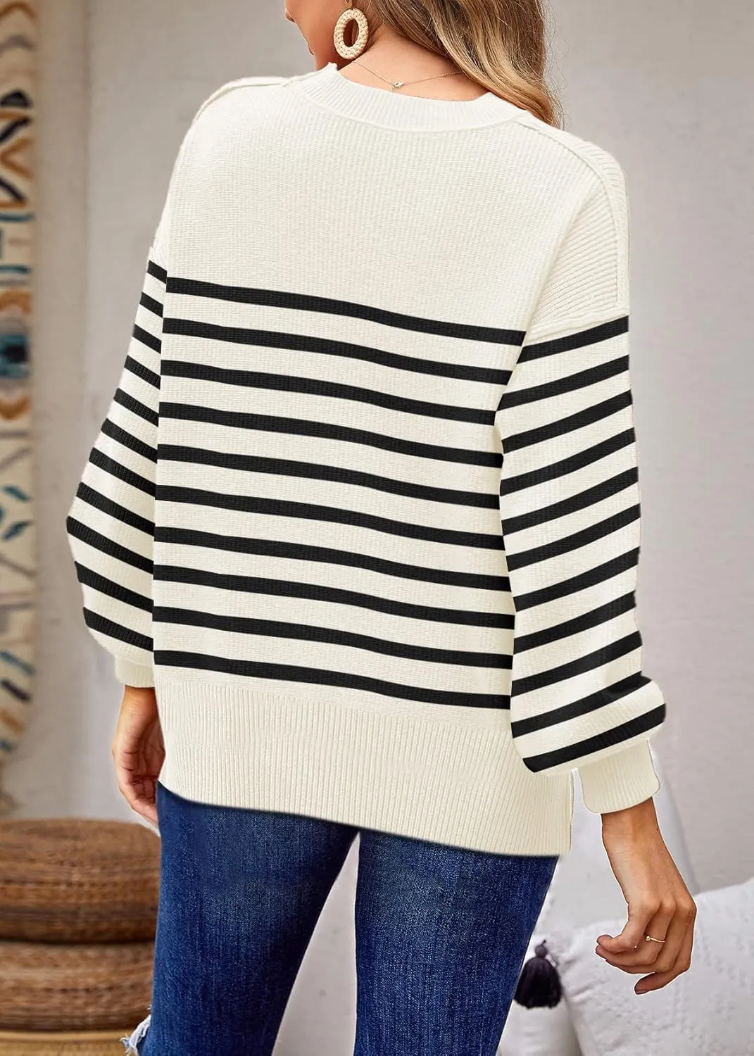 ETCYY Womens Sweaters Fall 2025 Batwing Long Sleeve Side Slit Knit Tops Crew Neck Striped Oversized Sweater Pullover