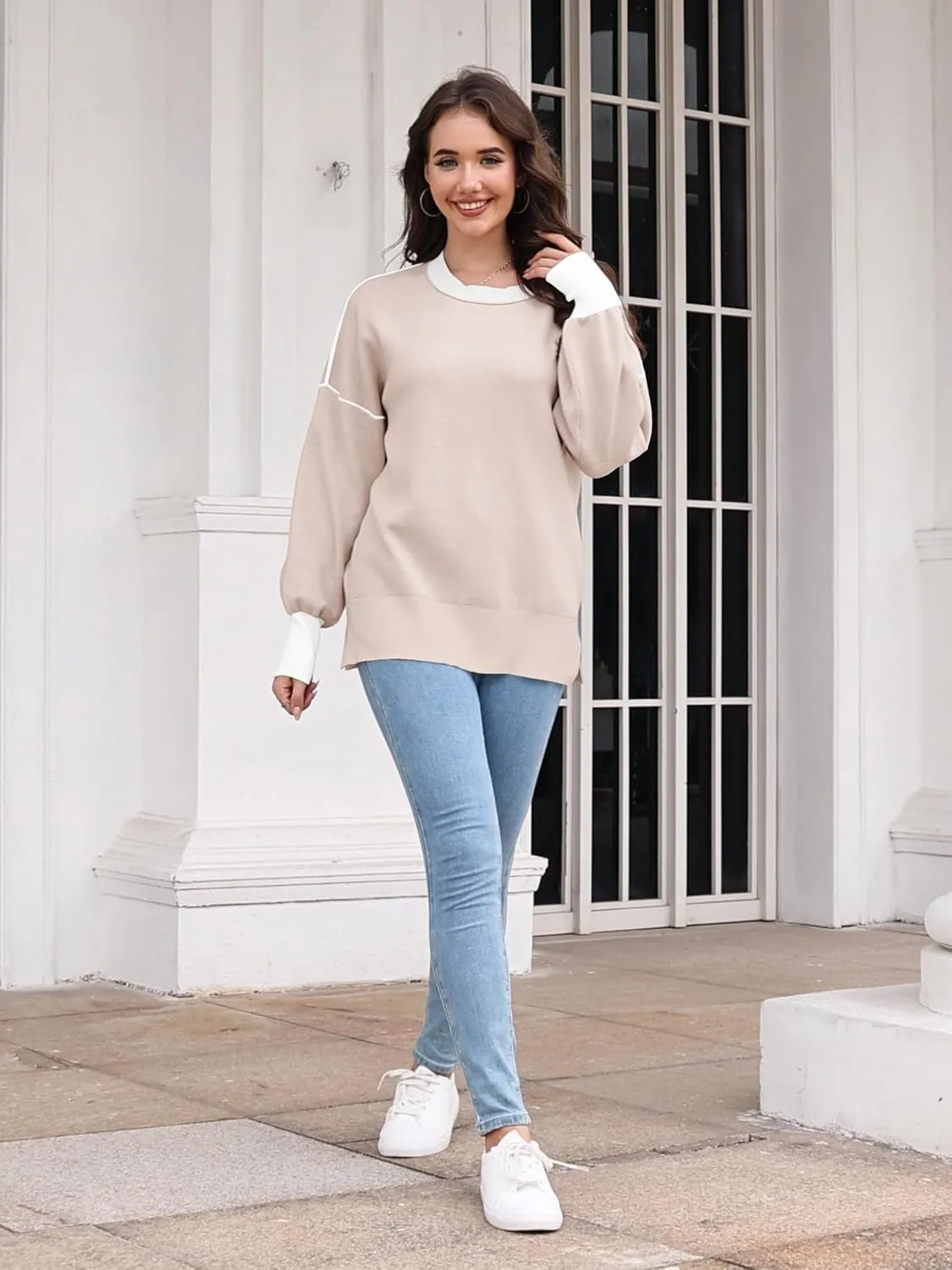 ETCYY Womens Sweaters Fall 2025 Batwing Long Sleeve Side Slit Knit Tops Crew Neck Striped Oversized Sweater Pullover
