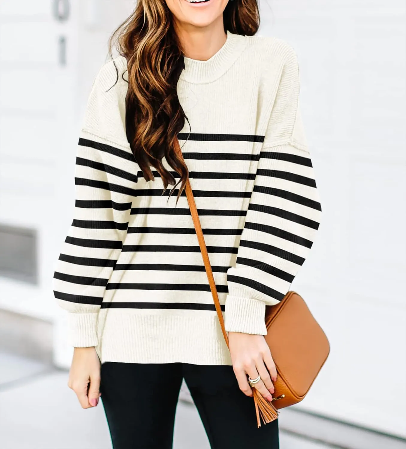 ETCYY Womens Sweaters Fall 2025 Batwing Long Sleeve Side Slit Knit Tops Crew Neck Striped Oversized Sweater Pullover
