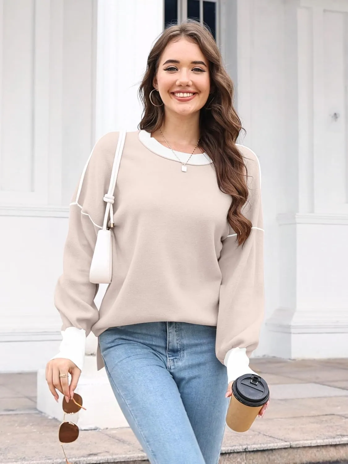 ETCYY Womens Sweaters Fall 2025 Batwing Long Sleeve Side Slit Knit Tops Crew Neck Striped Oversized Sweater Pullover