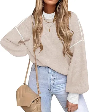 ETCYY Womens Sweaters Fall 2025 Batwing Long Sleeve Side Slit Knit Tops Crew Neck Striped Oversized Sweater Pullover