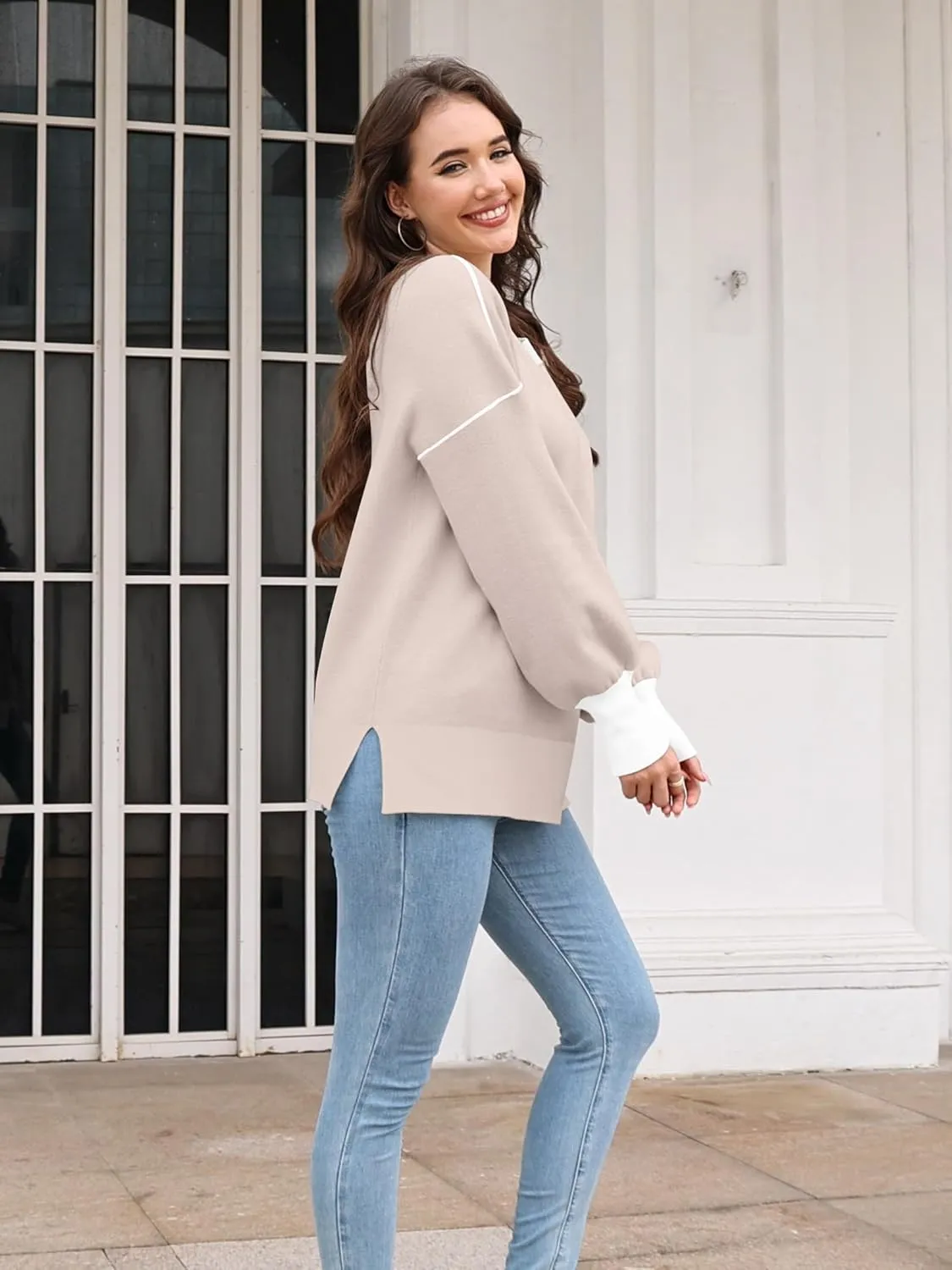 ETCYY Womens Sweaters Fall 2025 Batwing Long Sleeve Side Slit Knit Tops Crew Neck Striped Oversized Sweater Pullover