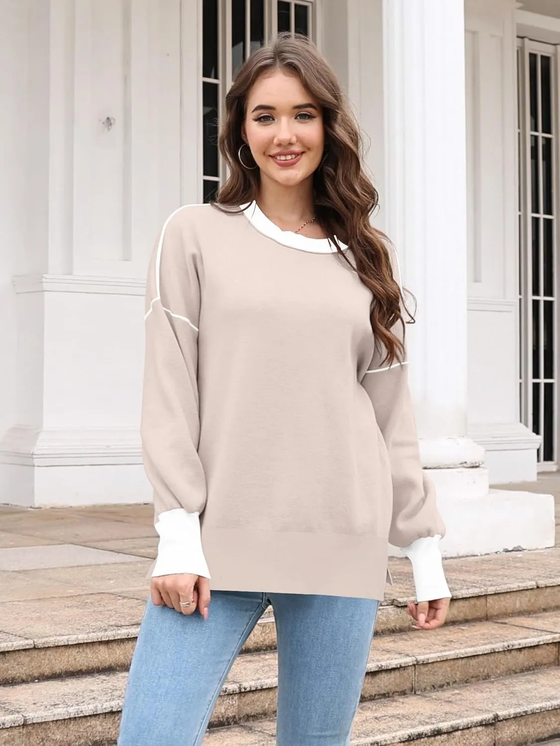 ETCYY Womens Sweaters Fall 2025 Batwing Long Sleeve Side Slit Knit Tops Crew Neck Striped Oversized Sweater Pullover