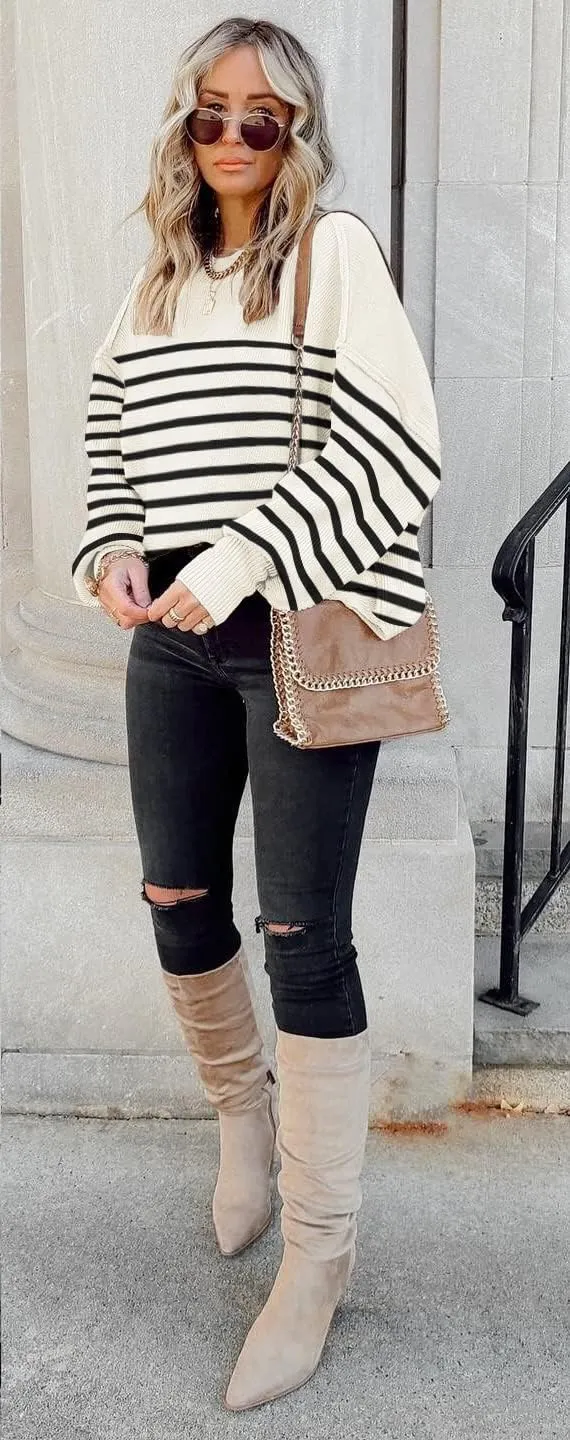 ETCYY Womens Sweaters Fall 2025 Batwing Long Sleeve Side Slit Knit Tops Crew Neck Striped Oversized Sweater Pullover