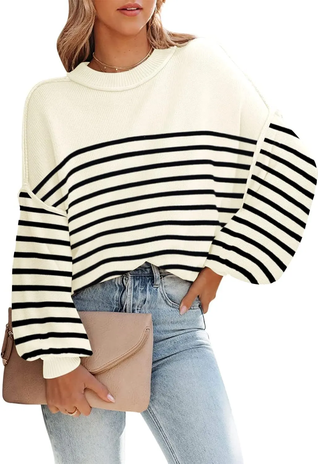 ETCYY Womens Sweaters Fall 2025 Batwing Long Sleeve Side Slit Knit Tops Crew Neck Striped Oversized Sweater Pullover