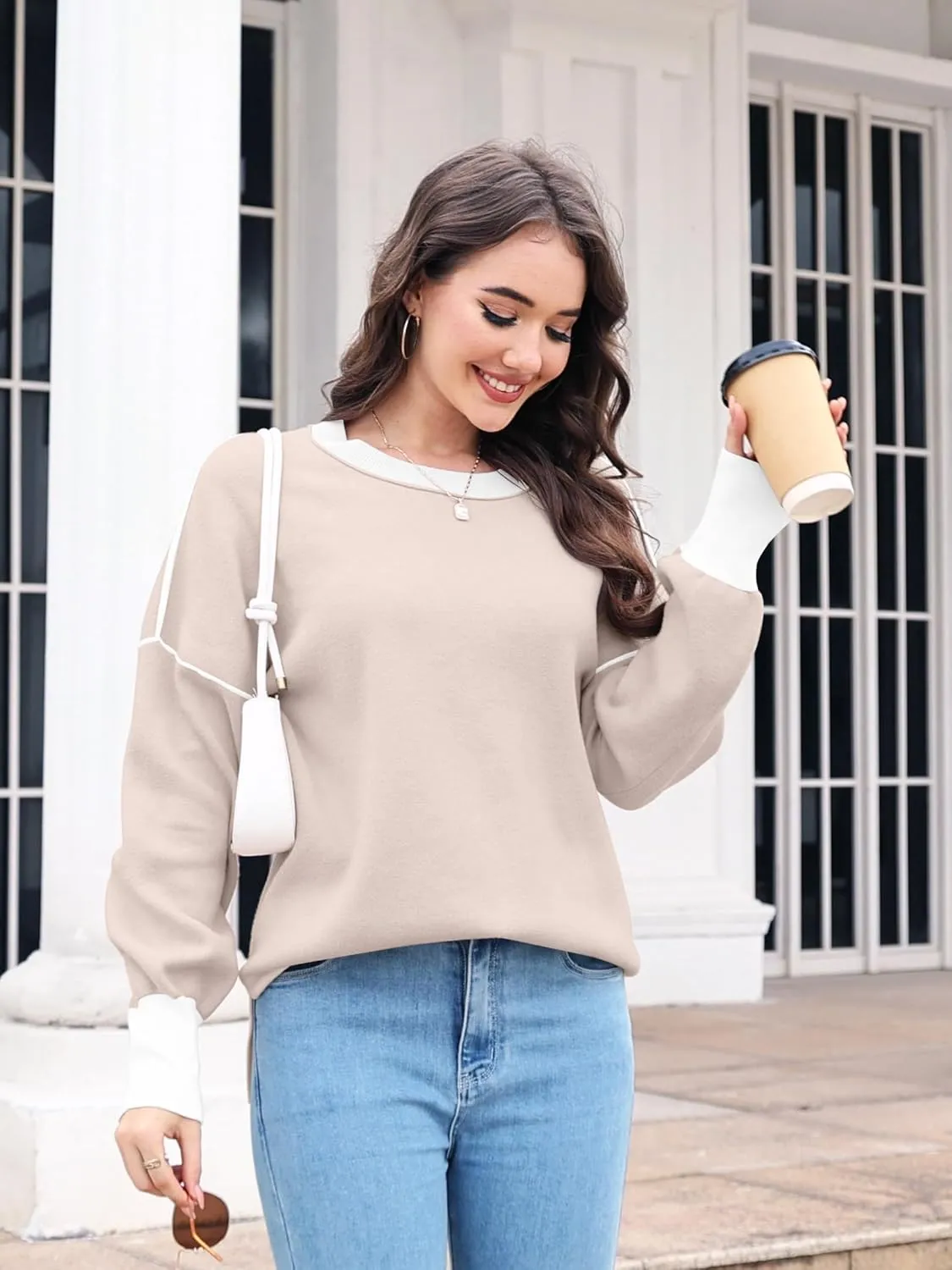 ETCYY Womens Sweaters Fall 2025 Batwing Long Sleeve Side Slit Knit Tops Crew Neck Striped Oversized Sweater Pullover