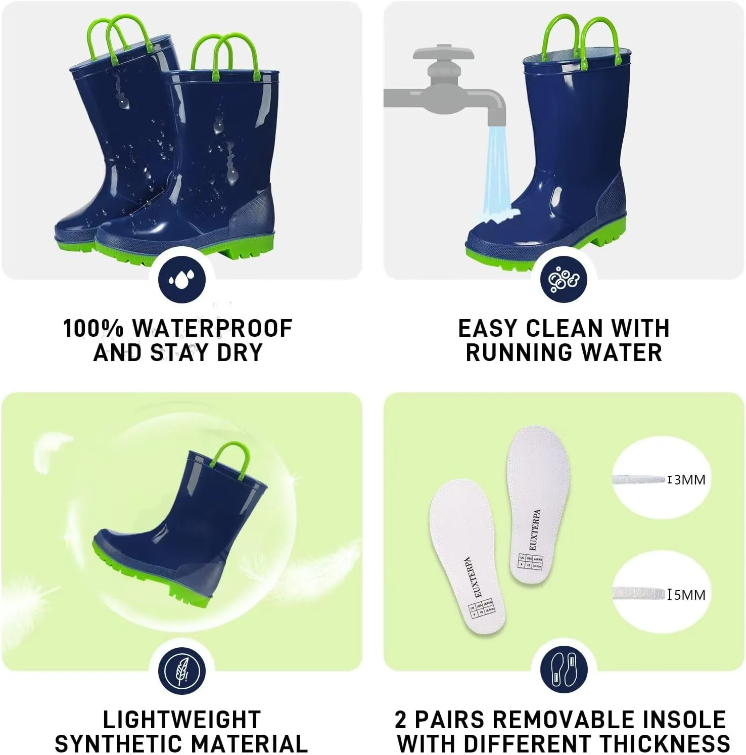 EUXTERPA Boys Girls Waterproof Rain Boots Kids Toddler Solid Color Boots with Easy On Handles