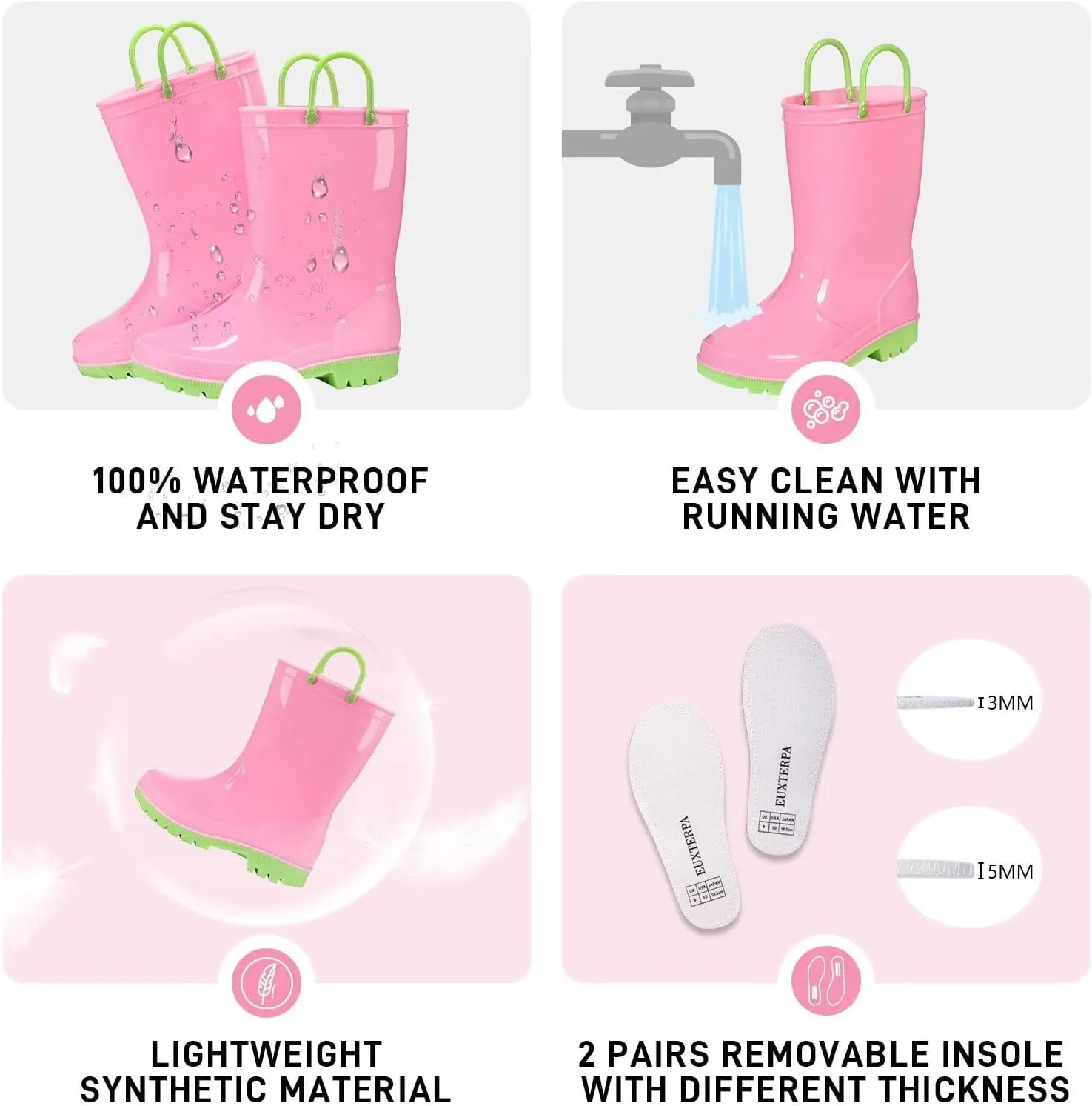 EUXTERPA Boys Girls Waterproof Rain Boots Kids Toddler Solid Color Boots with Easy On Handles